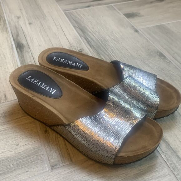 Lazamani Women's Silver Glitter Slip-On Platform Wedge Sandal Size 38 - Picture 1 of 8